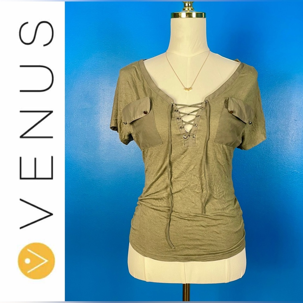 VENUS Lace-Up Army Green Top, Size Small